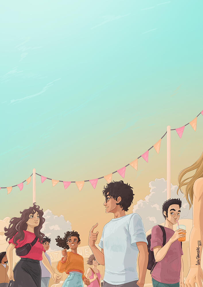 book cover or poster illustration about friends going to a festival at sunset.